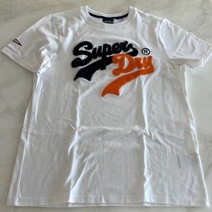 NWOT Superdry White Cotton S/S T-shirt w/ Navy & Orange Terry Letters-Size XL